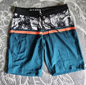 Old Navy Teal Board Shorts with Black Tropical Waistband and Orange Stripe